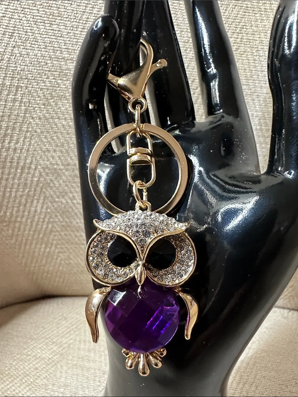 Gold-Tone Owl Keychain with Purple Crystal Accent